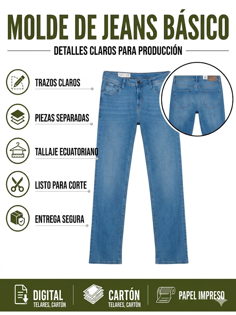 Molde Pantalón Clásico Jeans Denim Hombre 28-32-34-34-36