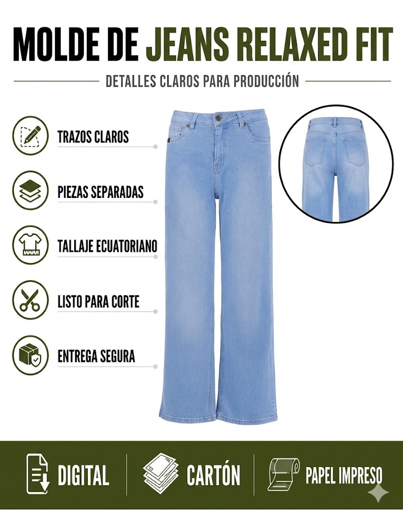 Molde Wide Leg Pantalón Clásico Jeans Denim Mujer 6-8-10-12-14