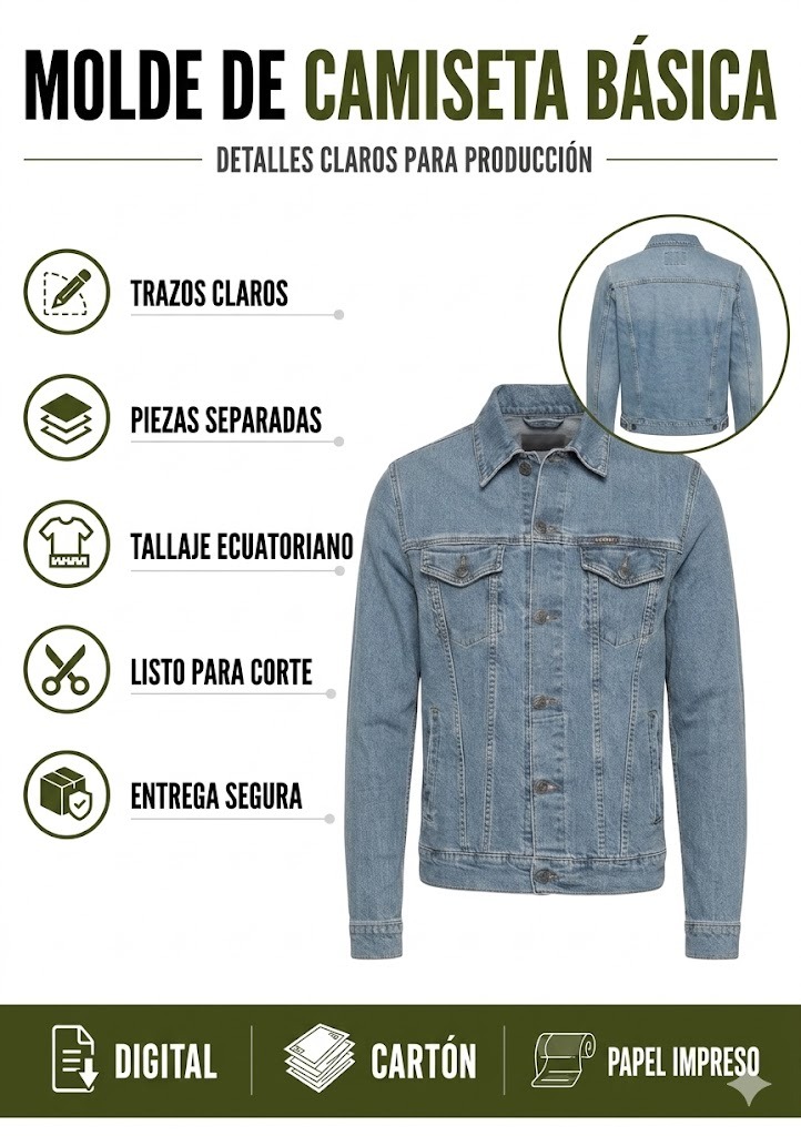 Molde Chompa Clásica Jeans Denim Hombre S-M-L-XL