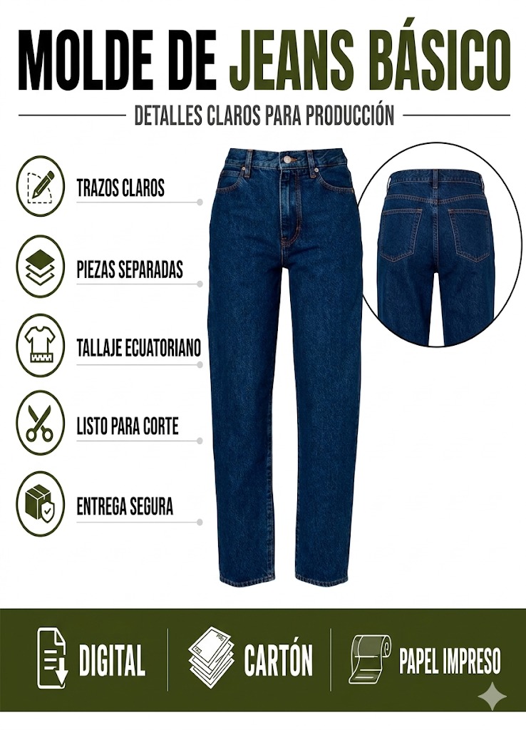 Molde Pantalón Clásico Jeans Denim Mujer 6-8-10-12-14
